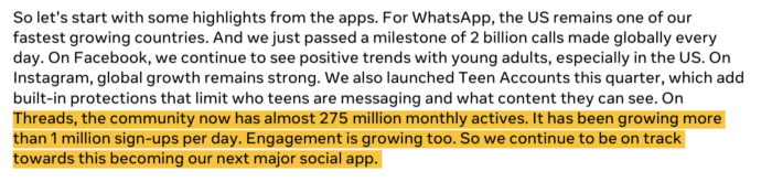 Threads 275 Million Monthly Users